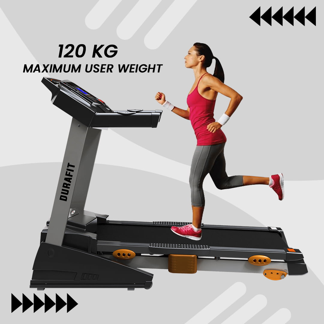 Durafit Heavy 5 HP Peak DC Motorized Treadmill Manual Incline Home Cardio Max Speed 16 Km Hr Max User Weight 120 Kg Free installation assistance Gel cushion Spring suspension Technology